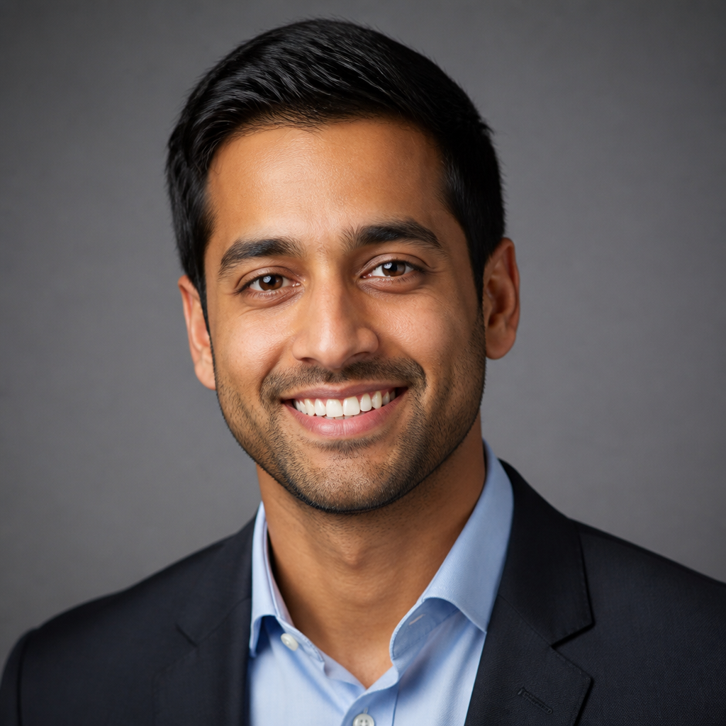 Close-up portrait of a friendly Indian man with smooth even-toned skin, natural daylight, relaxed confident smile, and clean background