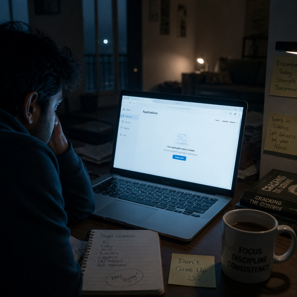 Sad Indian job seeker staring at a completely empty job application inbox on a laptop in a dim apartment, soft blue light from the monitor illuminating their frustrated face, with an untouched cup of coffee beside