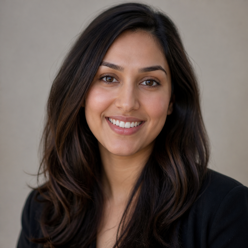 Cheerful young Indian woman with long wavy hair, laughing softly at her laptop in a sunlit creative workspace, candid approachable expression, warm tones
