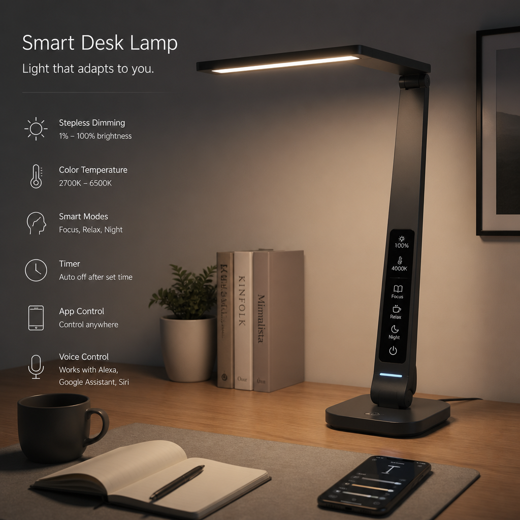 Flat-lay gift-shelf style photograph of the SmartDesk Lamp at the center, with a small clip-on book light, a USB-C charging cable, and a linen drawstring pouch arranged neatly around it on a wooden surface in warm golden tones