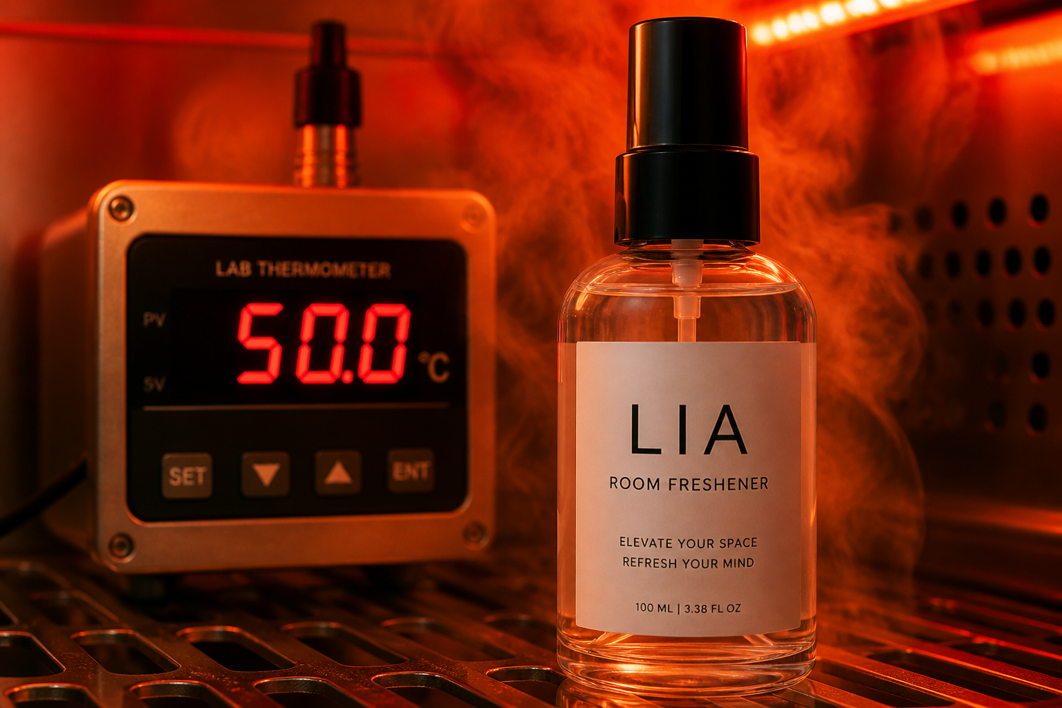 Lab thermometer reading 50 degrees Celsius next to a LIA room freshener bottle with steam rising, set in a heat chamber with dramatic red and orange lighting