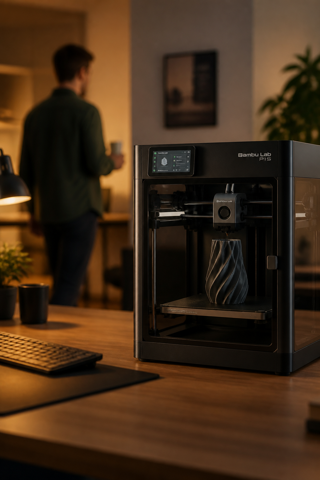 The Bambu Printer quietly printing on a desk in a softly lit office while a person walks away holding a coffee mug, ambient warm light, no headphones required