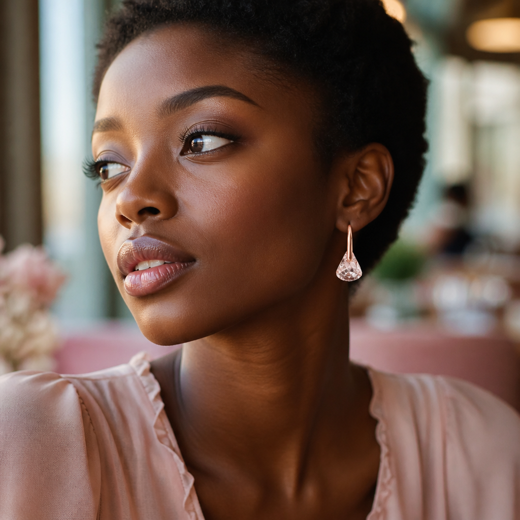 Close-up portrait of a stylish African woman wearing delicate pink Lunar drop earrings, soft morning light from window, blurred upscale café interior background, dreamy pastel tones