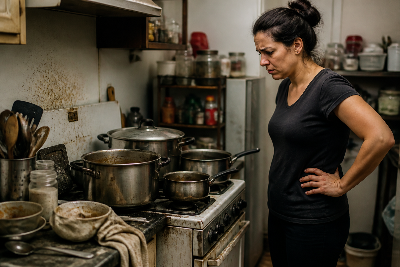 Unbranded cluttered kitchen counter with multiple cooking pots, stained surfaces, a frustrated person standing with hands on hips looking at the stove, plain overhead lighting with no branding visible