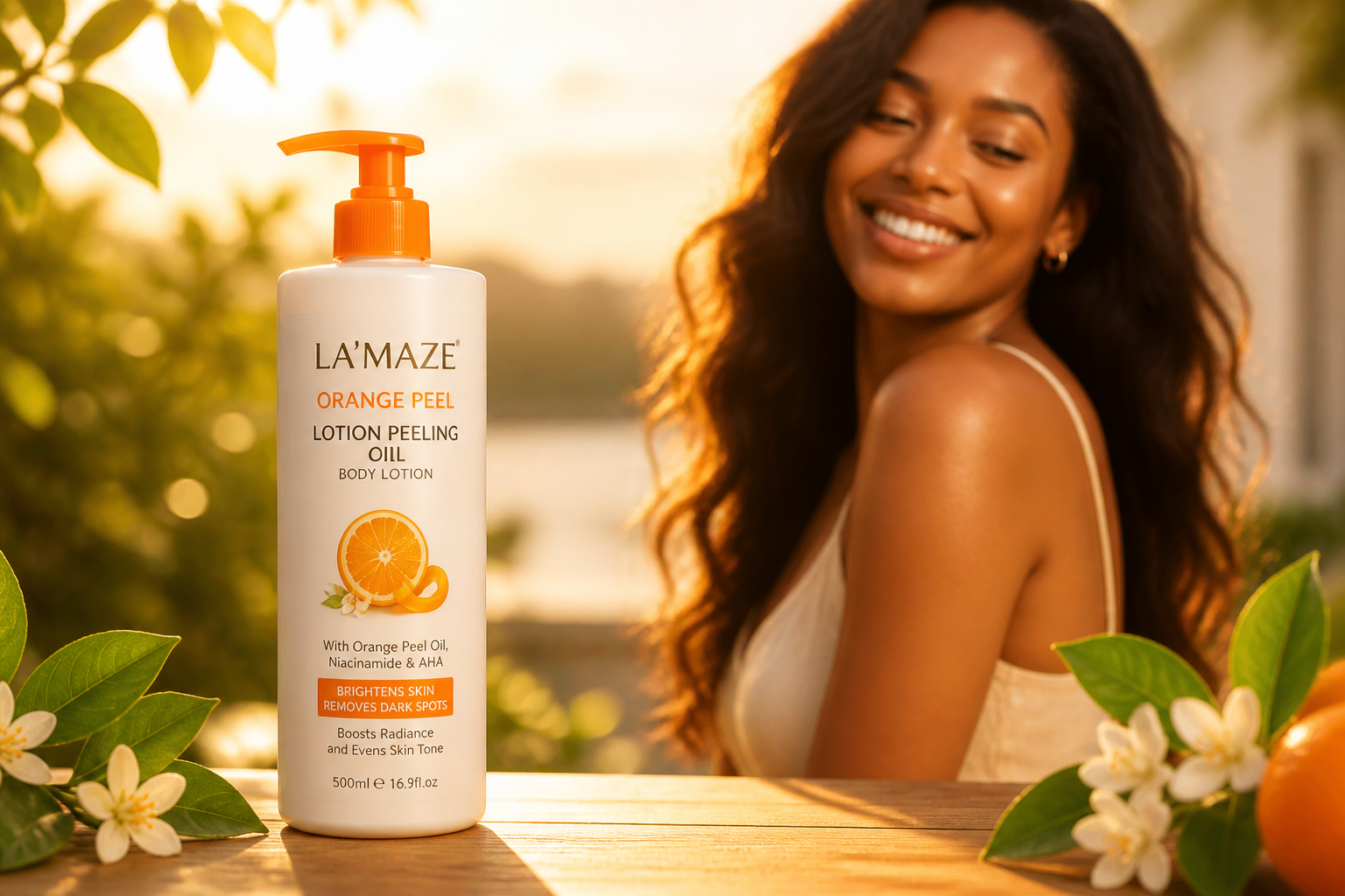 Radiant woman smiling with naturally glowing skin in golden hour, hair flowing, looking visibly brighter and more luminous