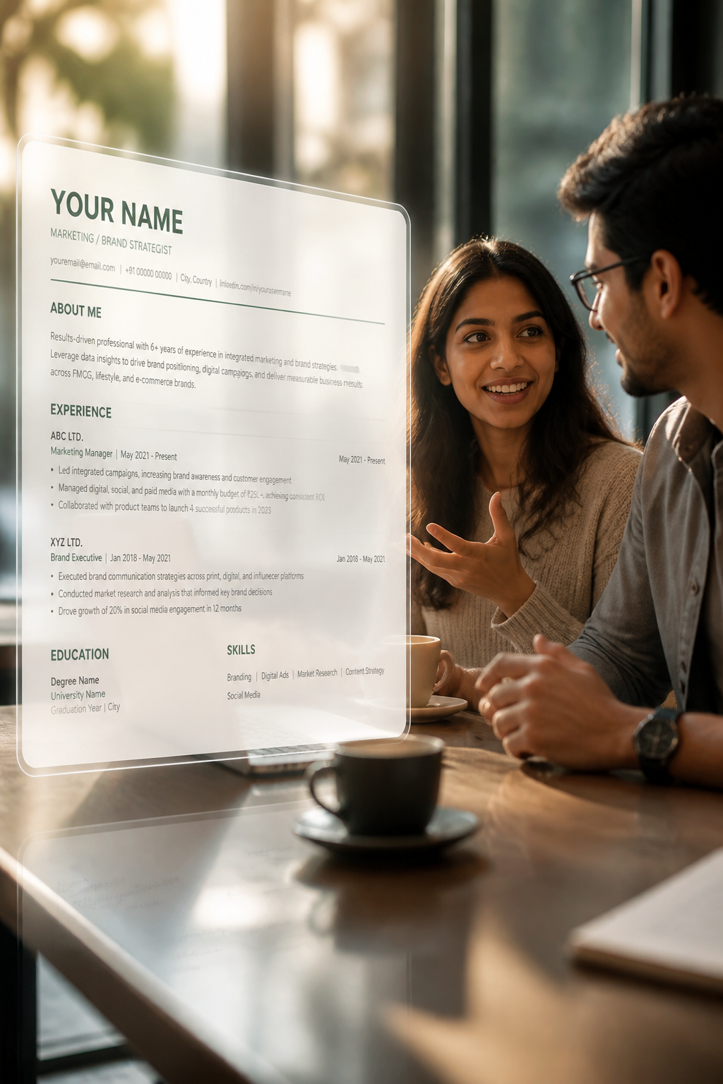 Two diverse young Indian friends chatting over coffee in a bright sunlit cafe, one gesturing as she explains something with a smile