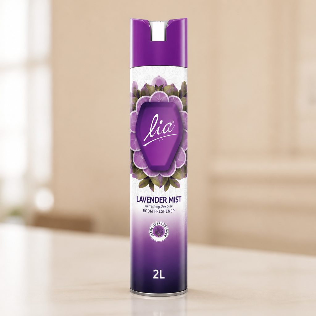 LIA Purple variant bottle with elegant purple label photographed on cream background, showing 2 litre size