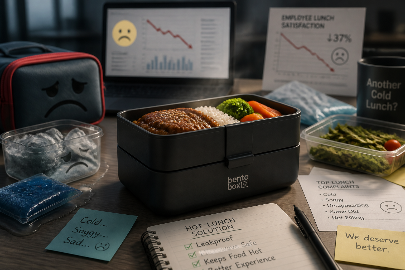 Bold infographic showing the cold lunch epidemic with icons of sad lunchboxes, melted ice packs, and wilting salads surrounded by frustrated emoji faces and downward trending graphs