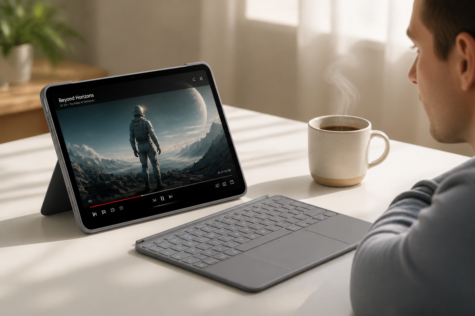 iPad Air in movie view mode with keyboard detached and folded back, displaying a streaming video on a clean white desk