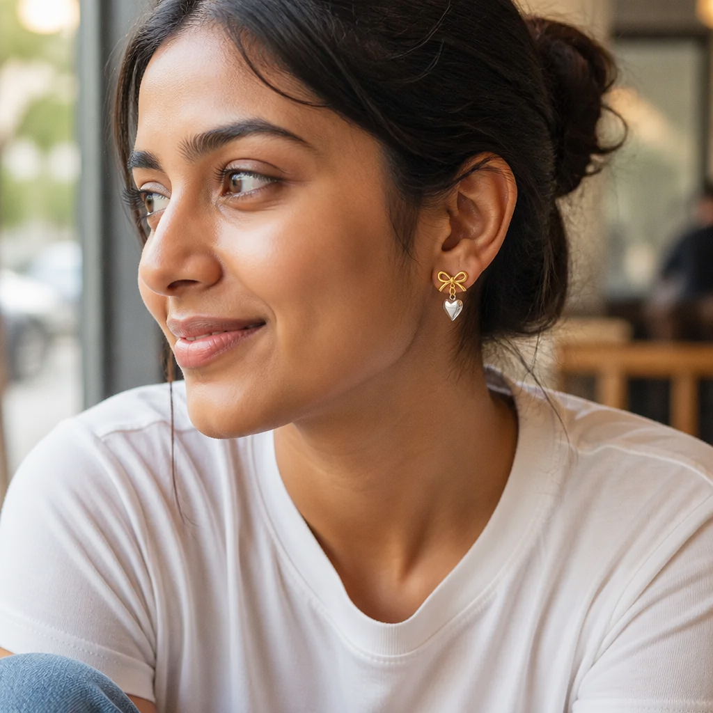 Indian woman in casual white t-shirt and jeans wearing the Love Heart Earrings, coffee shop background, natural daylight, lifestyle photography