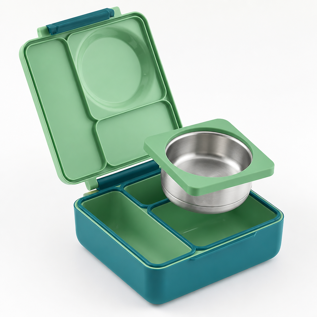 A detailed close-up product shot of the Bento Box leakproof seal and insulated walls showing premium construction
