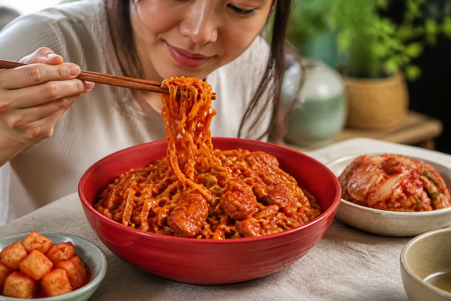 한국식 매운 치킨 면이 접시에 담겨 김치와 함께 제공되는 풍성한 식사 모습, 빨간 소스가 면을 감싸고 김치와 함께 색감있게 차려진 한식 식탁