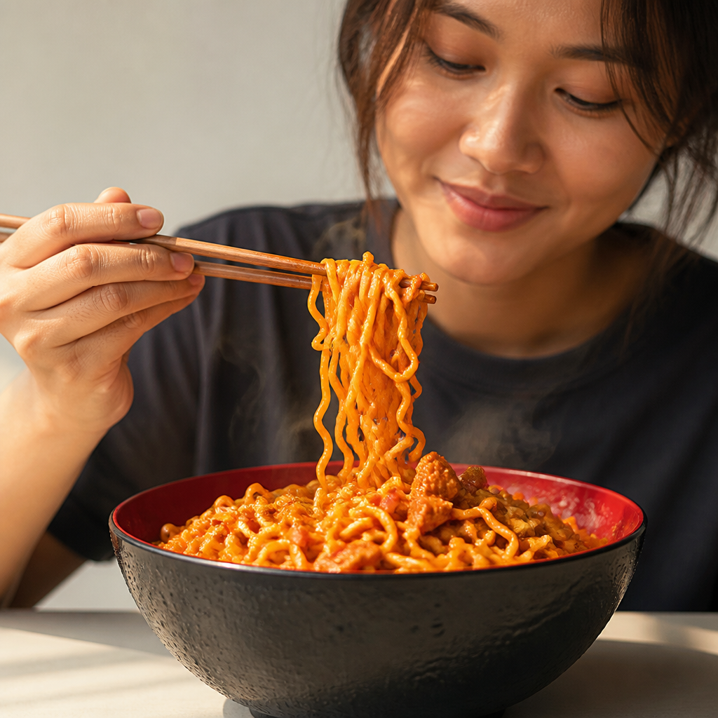 Premium Korean instant noodles with rich spicy chili sauce, steam rising from perfectly cooked noodles in a bowl