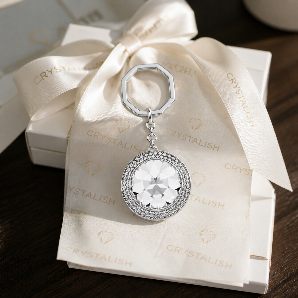 Premium white delivery box tied with a satin ribbon and gold Swarovski-branded tissue paper waiting to be sealed on a dark wooden table