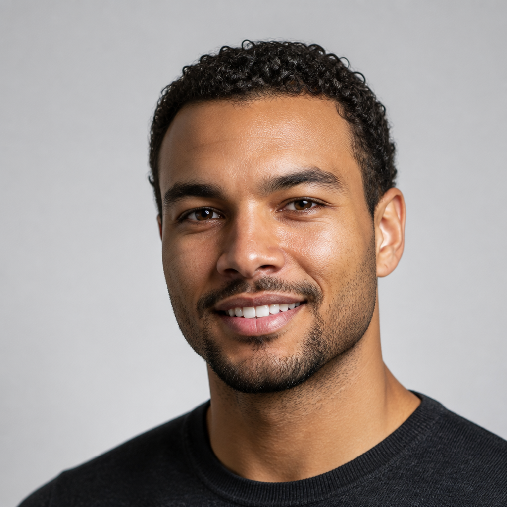 Friendly middle-aged Caucasian man with short brown hair and warm eyes, smiling softly while reviewing a product at home, natural window light, shallow depth of field portrait