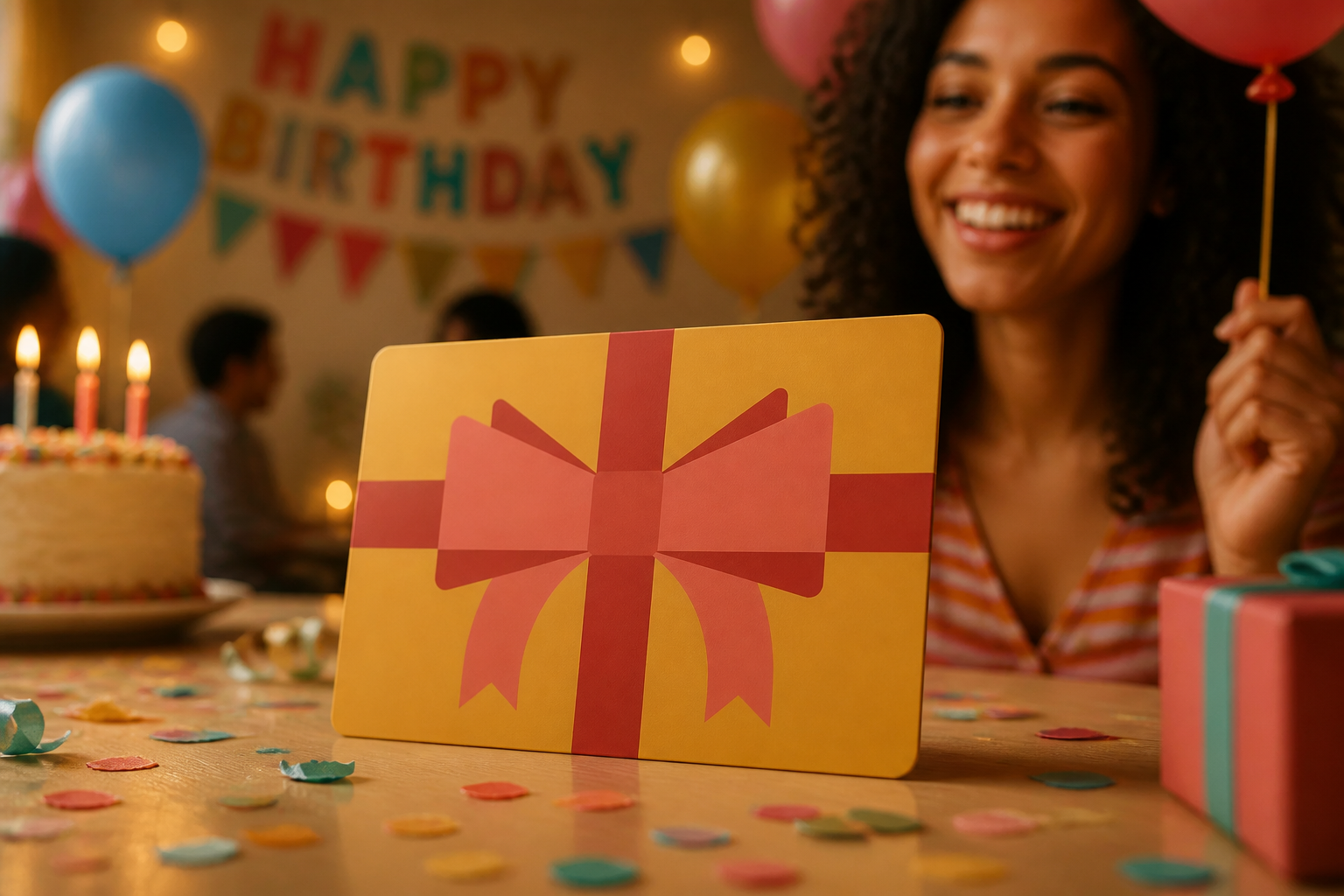 Vibrant birthday celebration scene with colorful decorations, balloons, and happy people, warm festive lighting