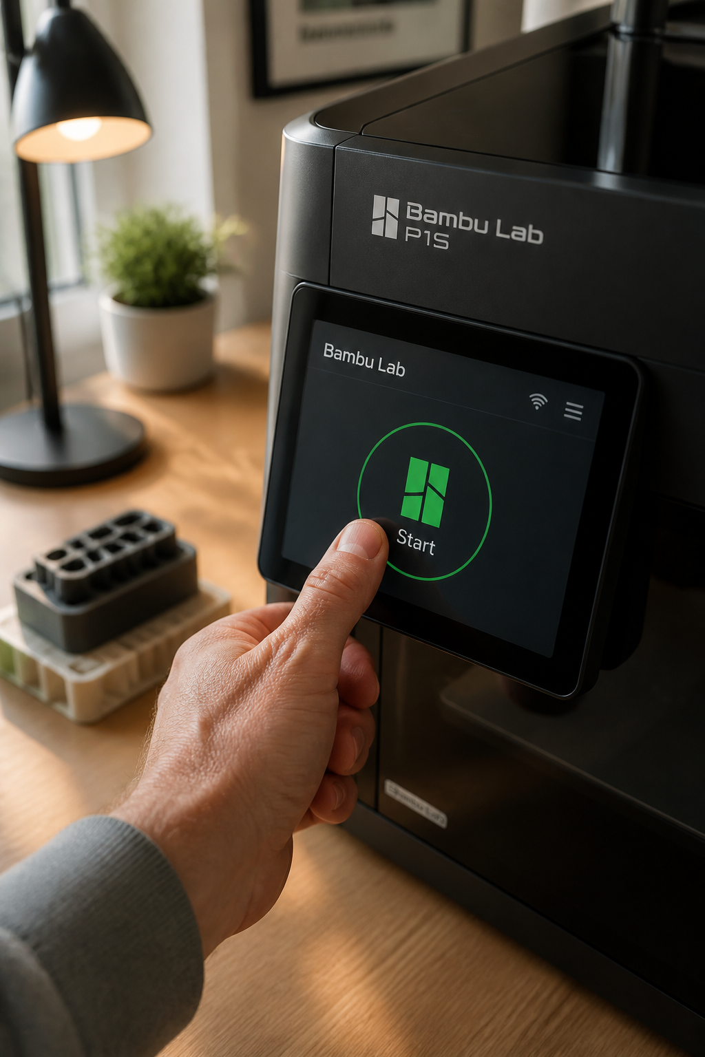 A thumb pressing the bright touchscreen on the front of the Bambu Printer, a single start icon visible on the simple interface
