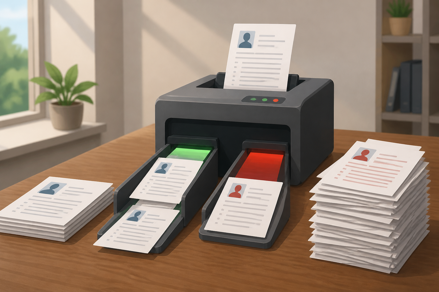 Flat illustration style graphic showing a resume document flowing through a machine scanner and being filtered into a rejection pile while a few pass through