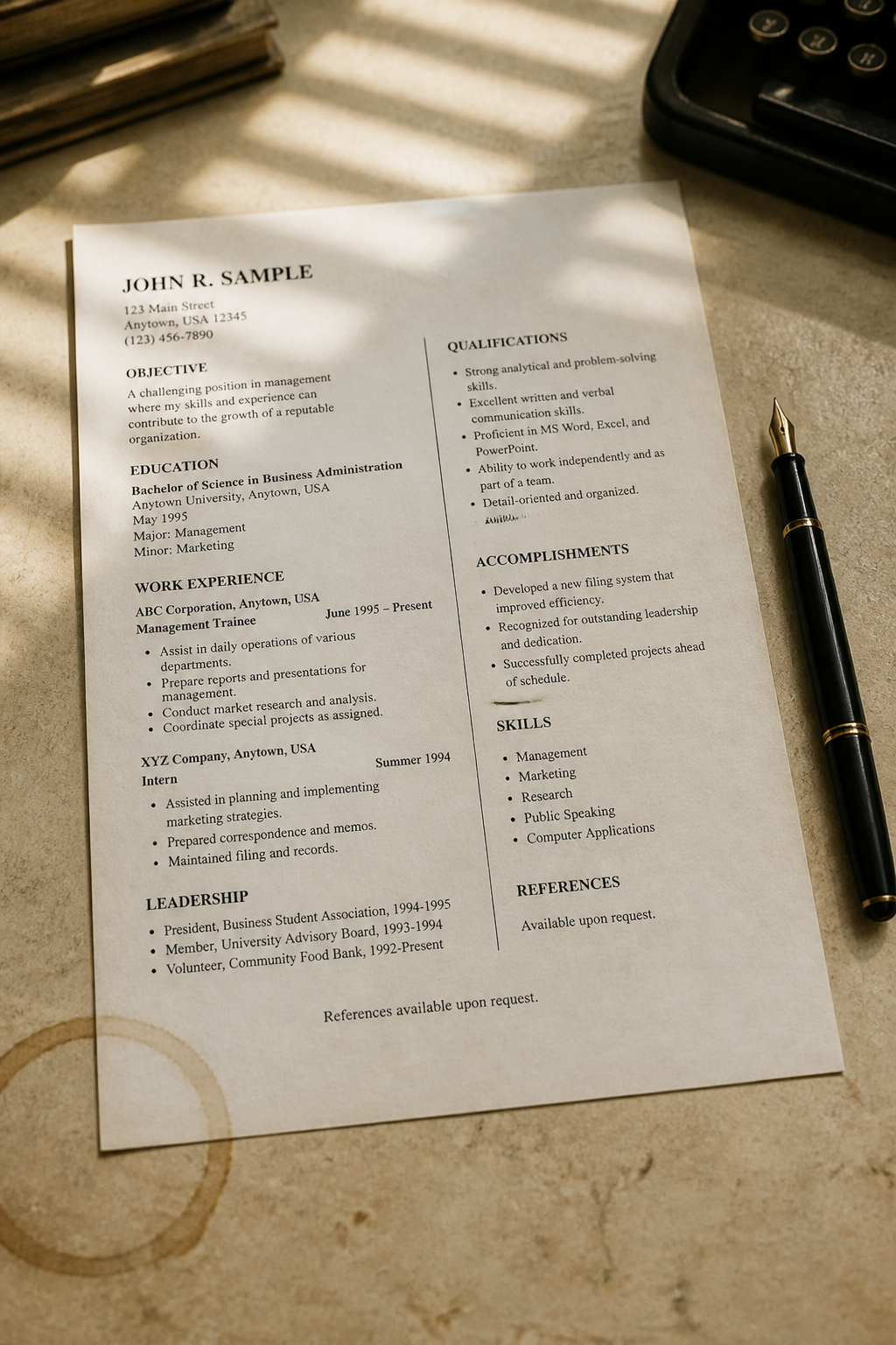 Side-by-side flat plain black-and-white old-style resume with crowded text, no design hierarchy and an outdated Times New Roman font on a beige background
