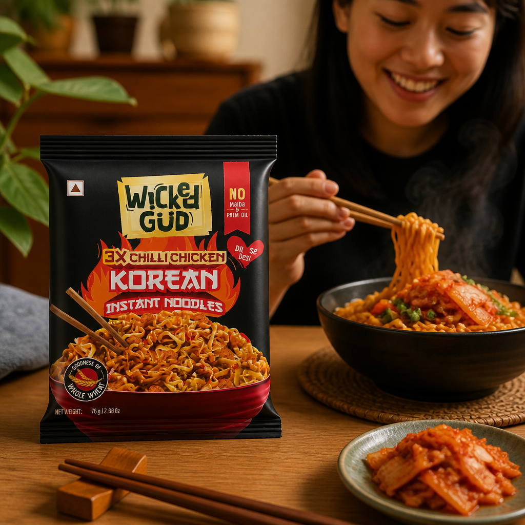 Happy person sitting at cozy home dining table enjoying steaming bowl of spicy Korean chicken instant noodles with kimchi and vegetables, warm indoor lighting