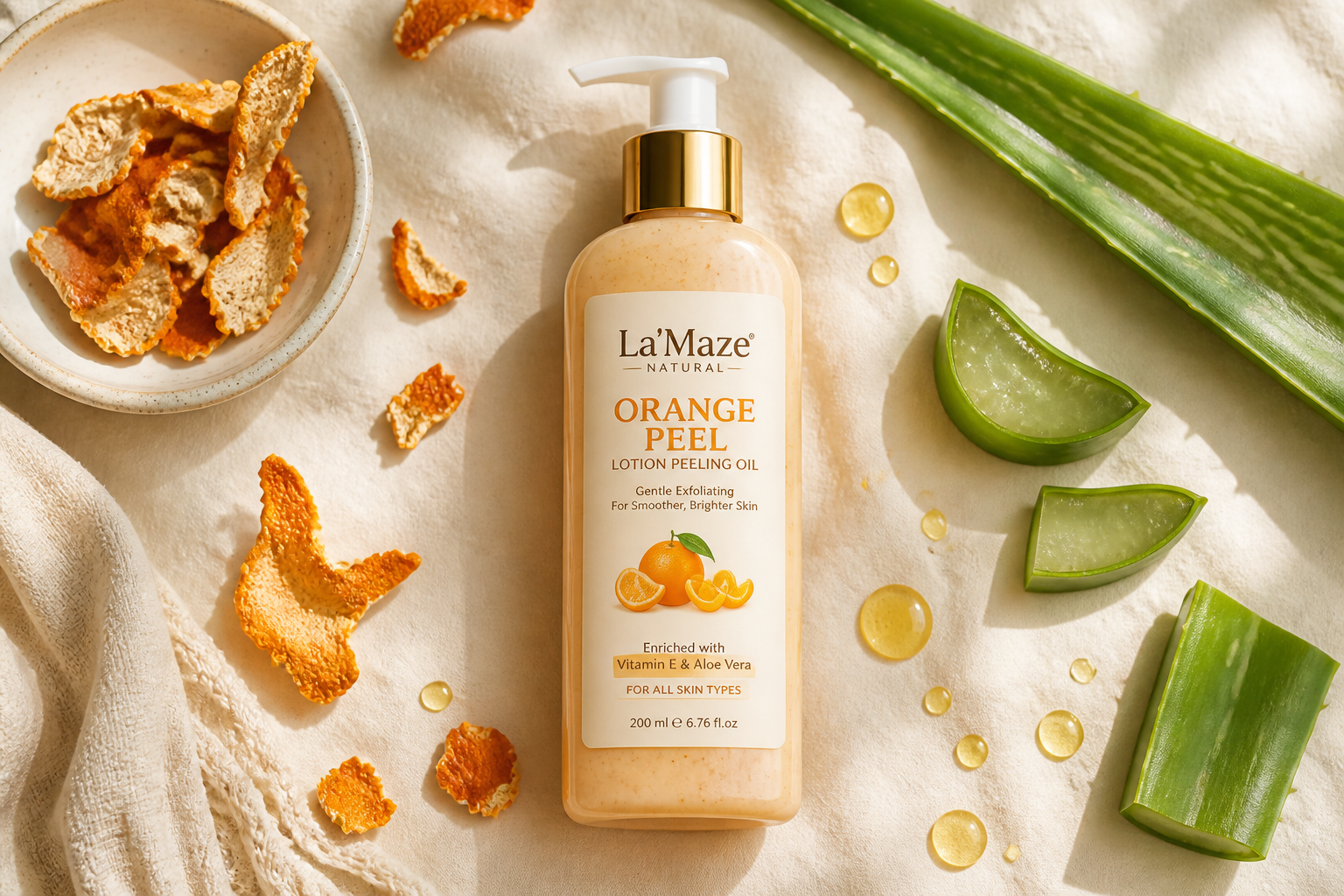 Clean flat lay of natural ingredients including dried orange peel, vitamin E oil drops, and aloe vera arranged beautifully on cream linen