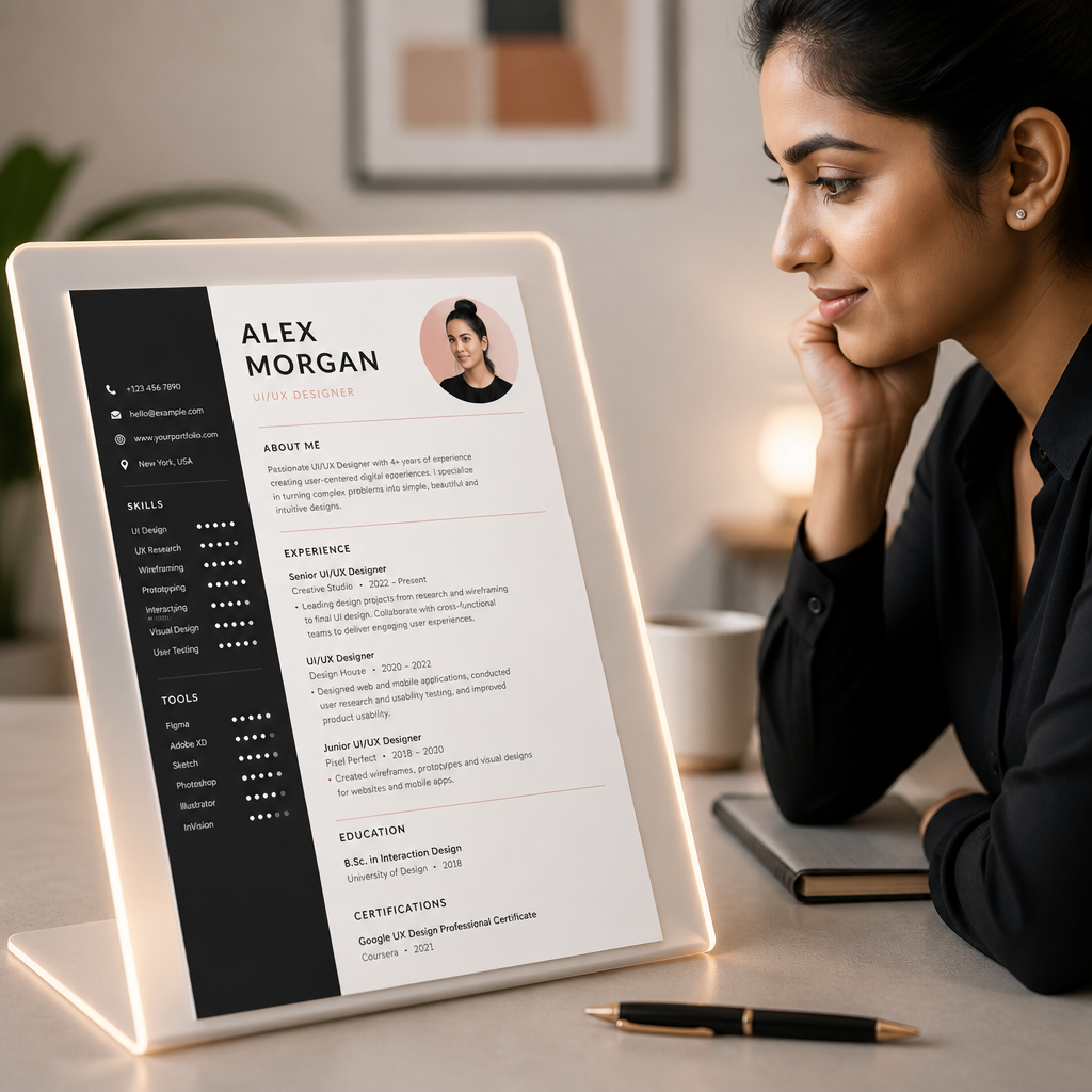 Final strong call-to-action banner previewing a clean professional modern resume template on a soft glowing card with golden accents