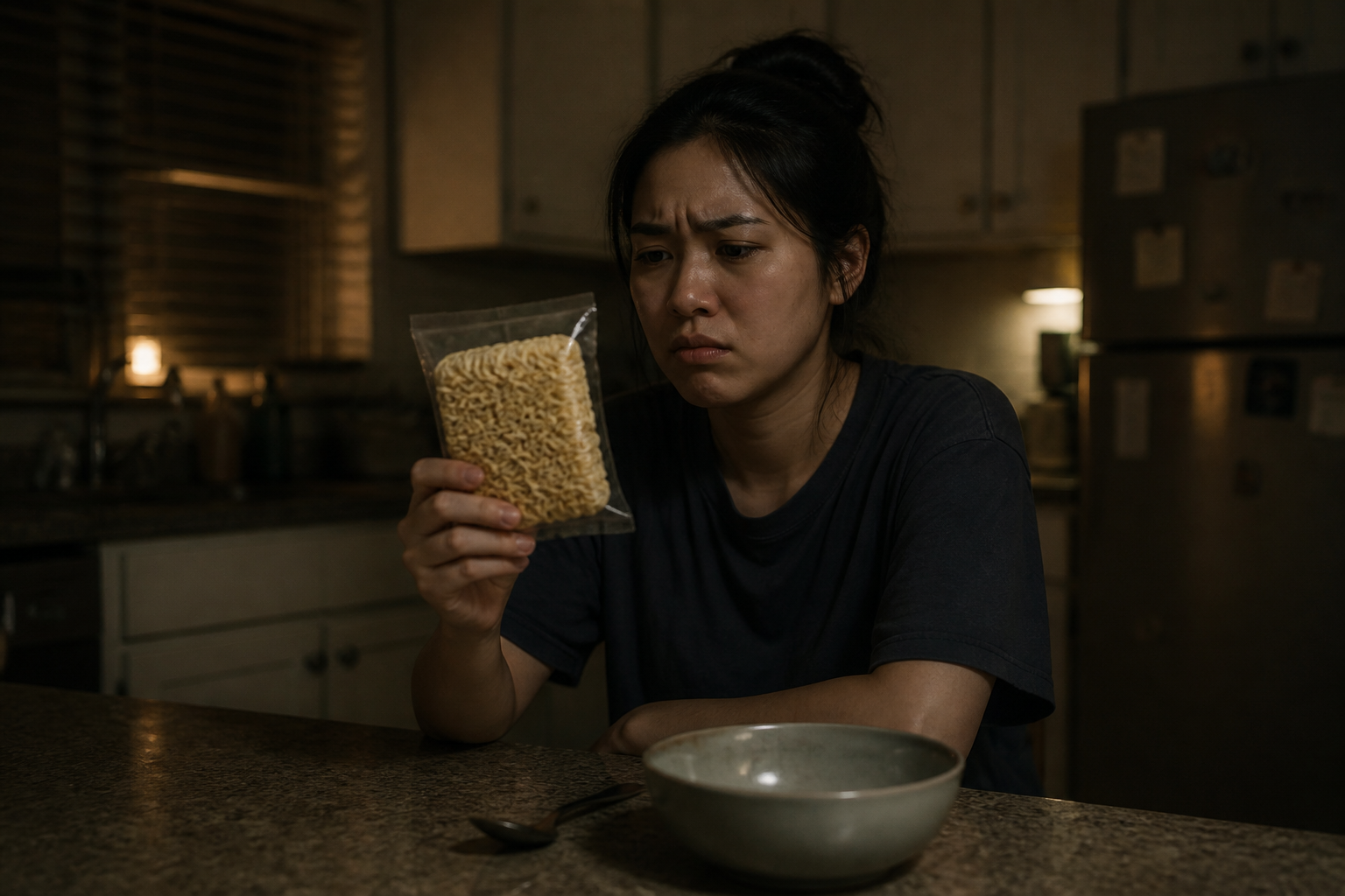 Unhappy person sitting at kitchen counter looking frustrated while holding a plain unseasoned instant noodle packet, dim kitchen lighting with sad expression