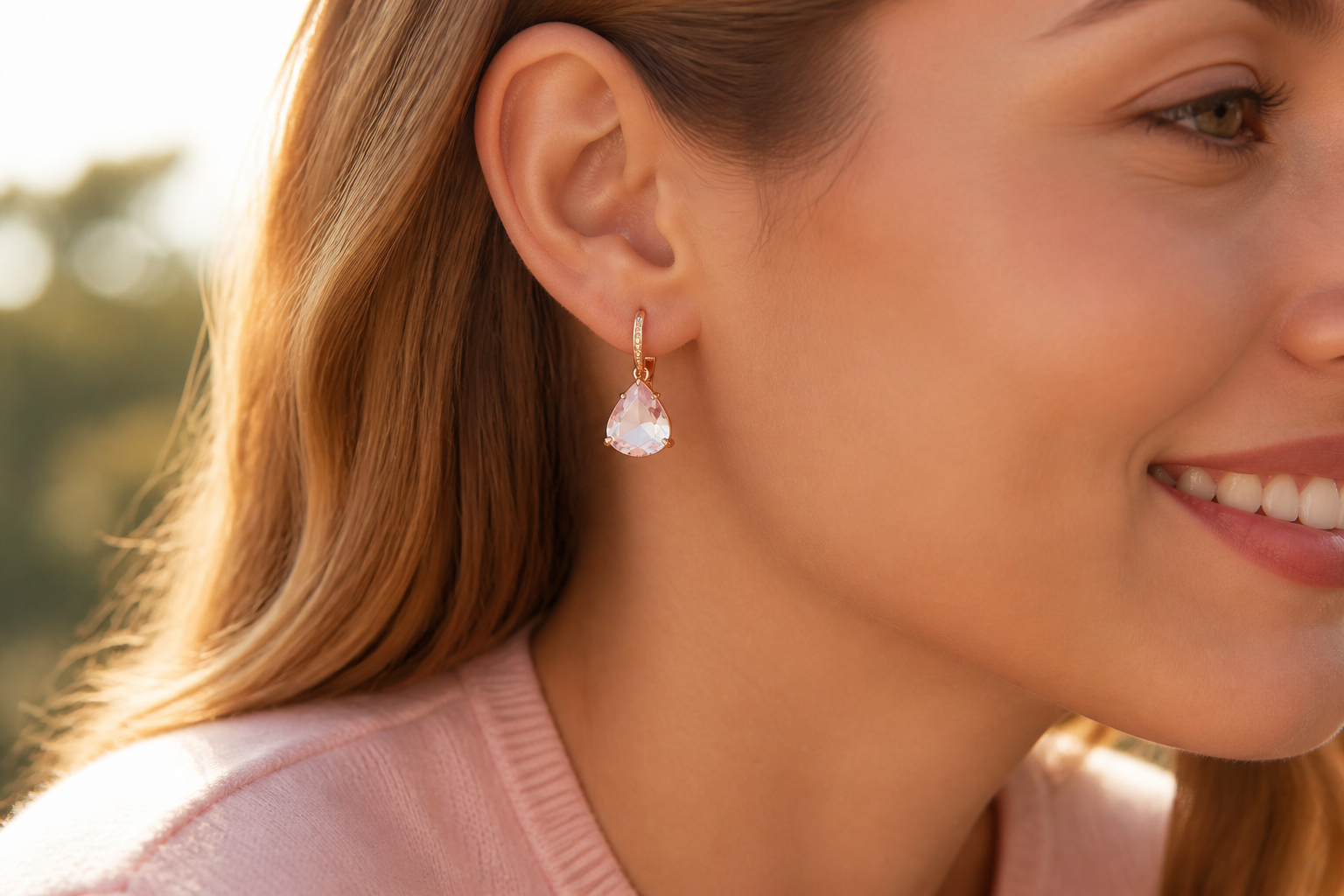 Woman wearing pink Lunar Drop earrings in soft golden daylight, smiling naturally with hair tucked behind ear showing earring sparkle