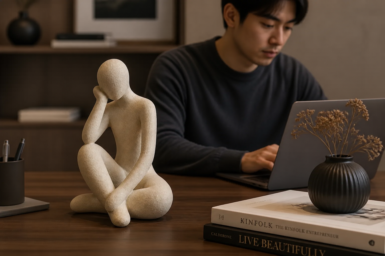 Customer testimonial photo of the abstract thinker accent resin placed on a sophisticated wooden desk in a home office