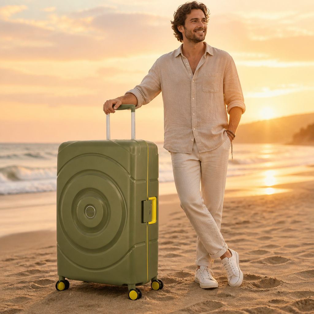 Happy smiling traveler with Circurity luggage at sunset beach, representing travel confidence and stress-free journeys