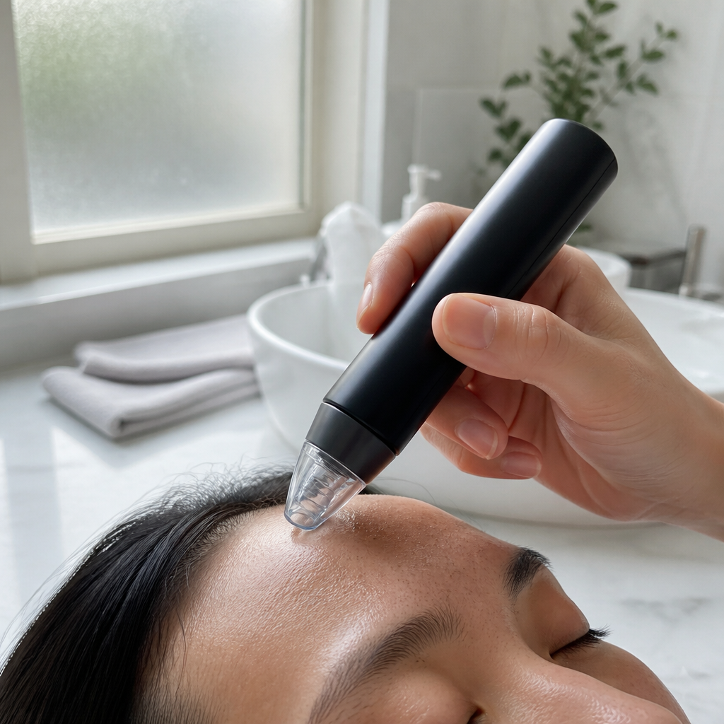 Generic unbranded skin with blackhead congestion on forehead showing dull texture, no logos visible
