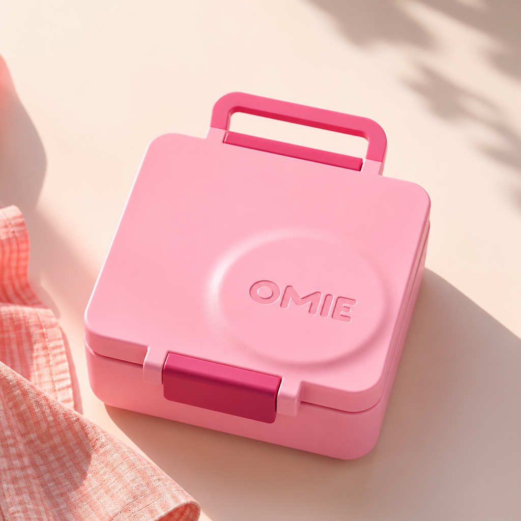 Playful pink bento box product photo on clean pastel background with soft daylight