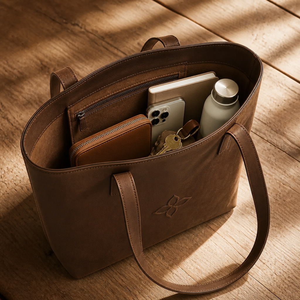 Top-down product shot of an Everyday Tote Bag opened wide on a wooden surface, revealing a wallet, smartphone, small notebook, water bottle, and keys neatly arranged inside, soft warm natural light