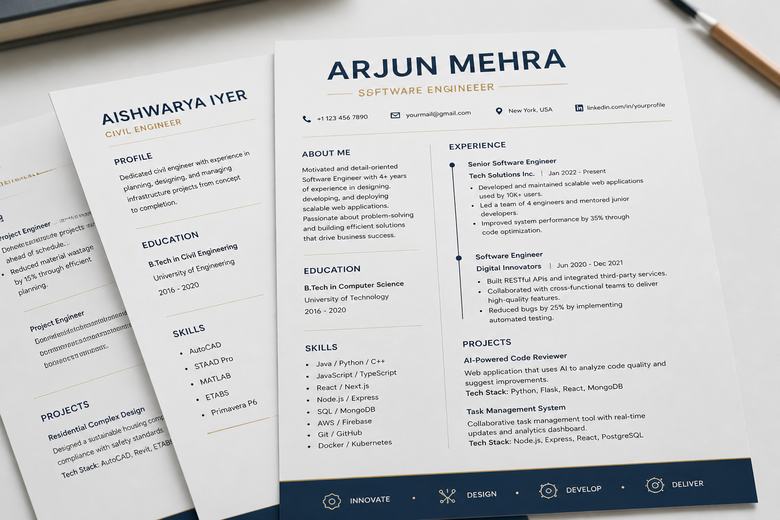 Close-up detail shots of polished resume sections including elegant typography, subtle icons, clean layout rules, and ATS-friendly structured headings