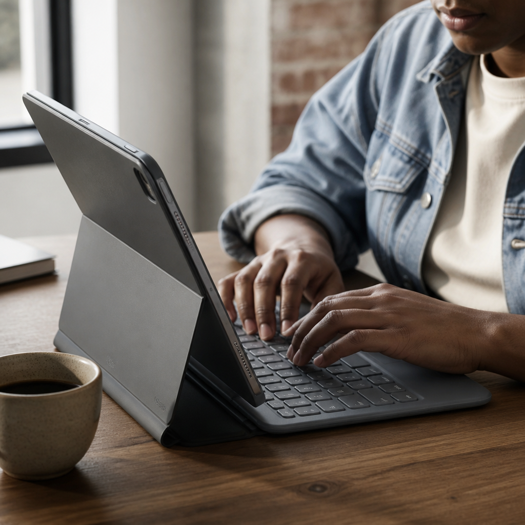Type mode showing iPad Air attached to Combo Touch keyboard in classic laptop position on a wooden desk