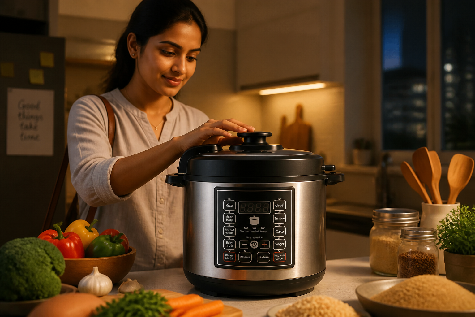 Indian working professional woman in modern kitchen setting using the smart pressure cooker after returning from office, with fresh ingredients on the counter and warm evening lighting