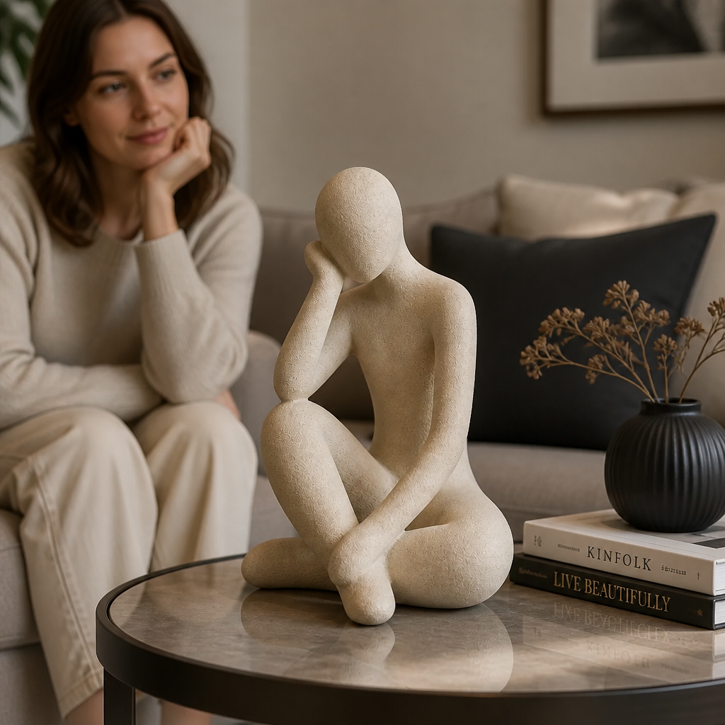 A stylish modern coffee table featuring the Abstract Thought Thinker Accent as an elegant centerpiece with surrounding decor items