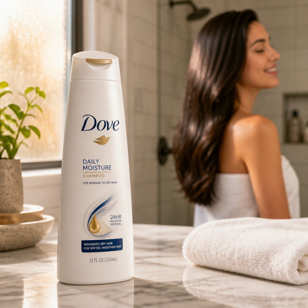 Soft lifestyle photo of a woman with healthy shiny hair smiling in a bright modern bathroom, warm morning light, blurred shower tiles in background, peaceful self-care moment