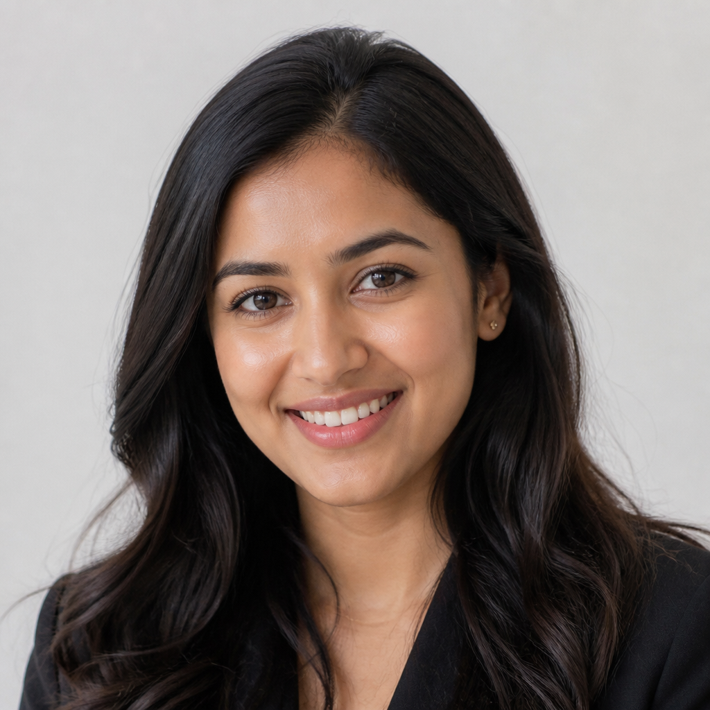 Bright portrait of a young Indian woman with clear dewy skin, gentle natural light, soft pastel background, and a warm genuine smile