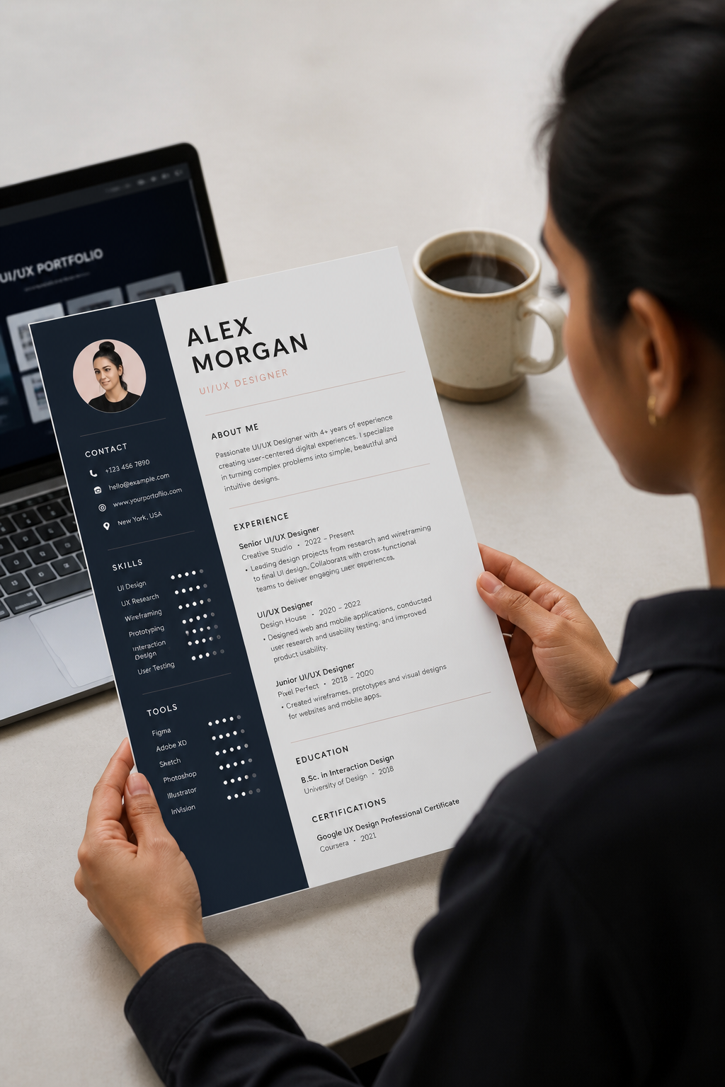 Modern minimalist UI/UX designer resume template with deep navy header, soft accent colors, clean typography and a portfolio-style sidebar layout