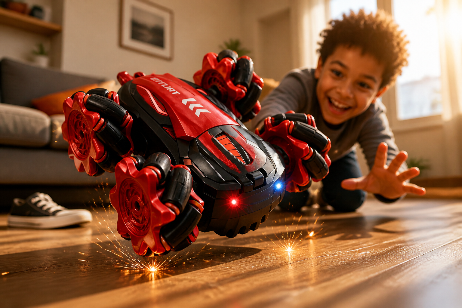 A vibrant red and black GRAPHENE 4X4 remote control drift car mid-flip in a sunlit modern living room with sparks flying, a happy laughing child reaching for it in awe, warm afternoon light streaming through window