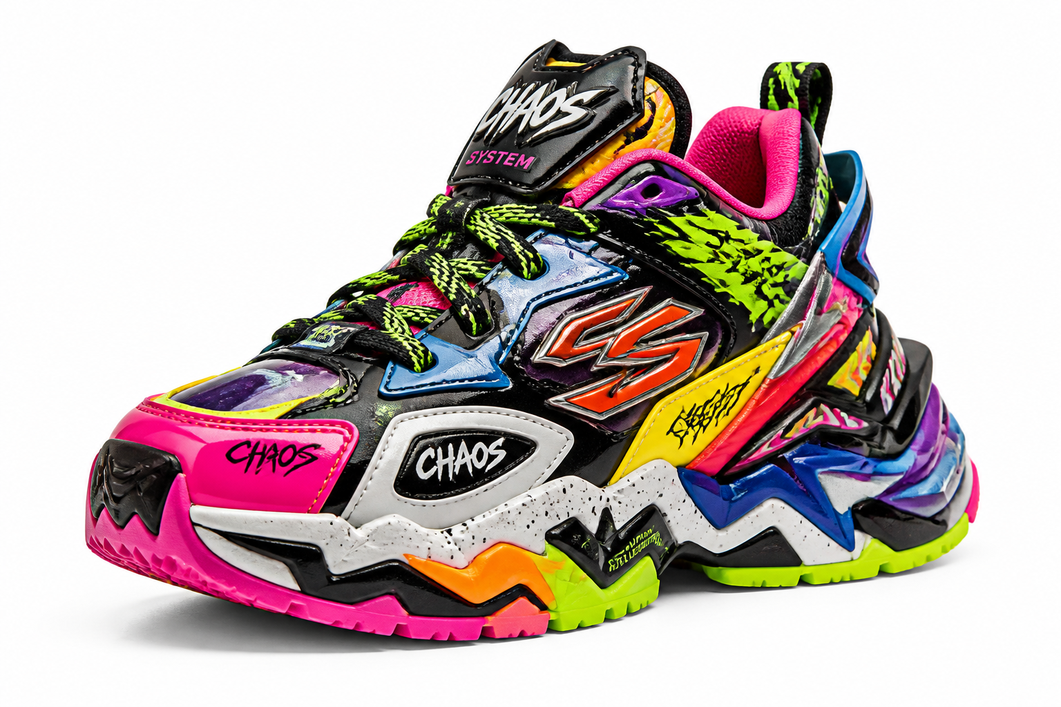 Flashy over-designed colorful sneaker with aggressive logos and bright accents shown on plain white background looking cluttered