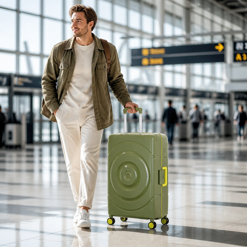 Confident traveler effortlessly gliding through airport with sleek Circurity luggage in vibrant color, smiling and relaxed with organized belongings