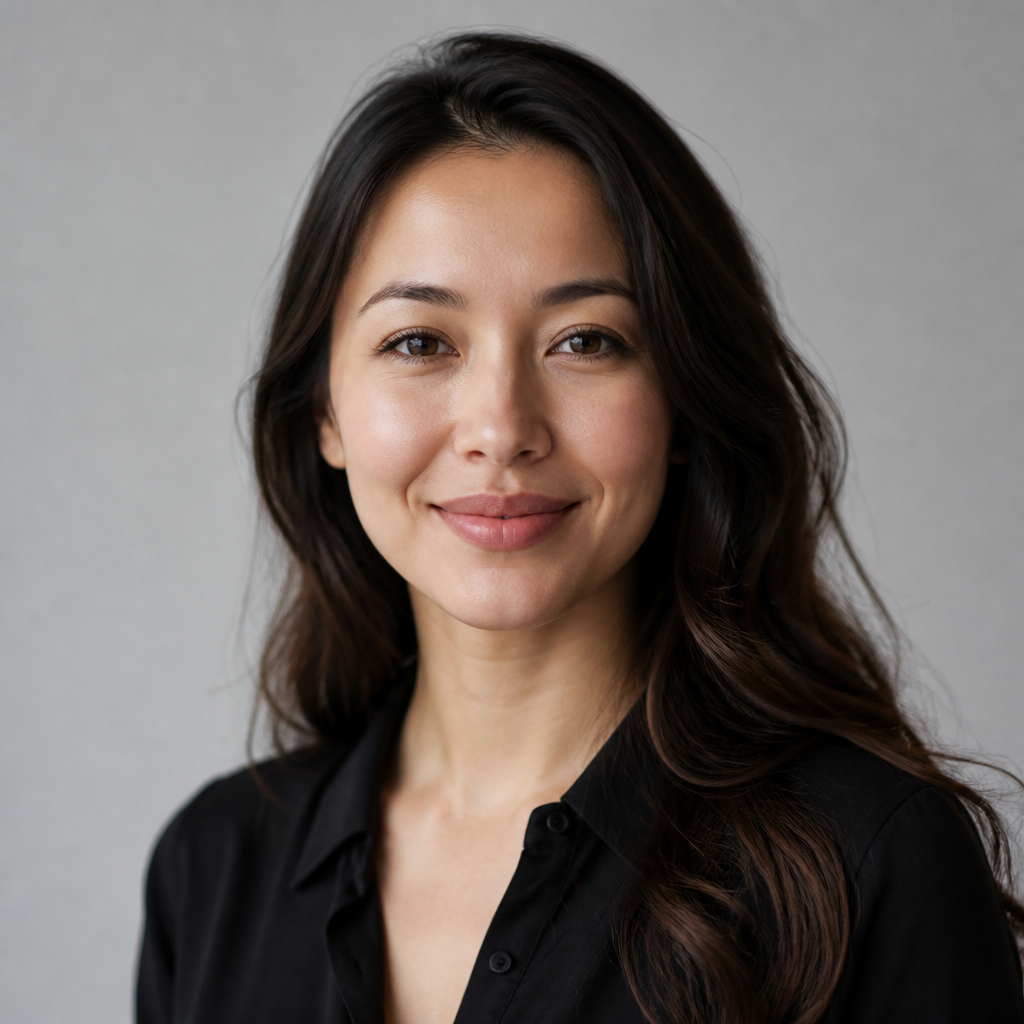 Confident portrait of an Eastern European woman in her thirties with light brown hair pulled back, wearing a tailored blazer, soft studio lighting, modern neutral background