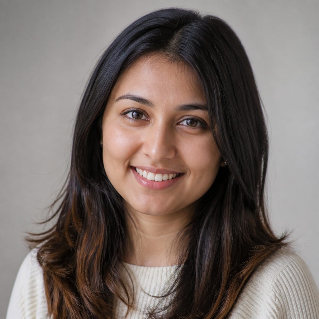 Smiling Indian woman with long wavy hair and medium brown skin wearing a soft pastel top, warm golden studio lighting, neutral beige background, natural confident beauty testimonial portrait