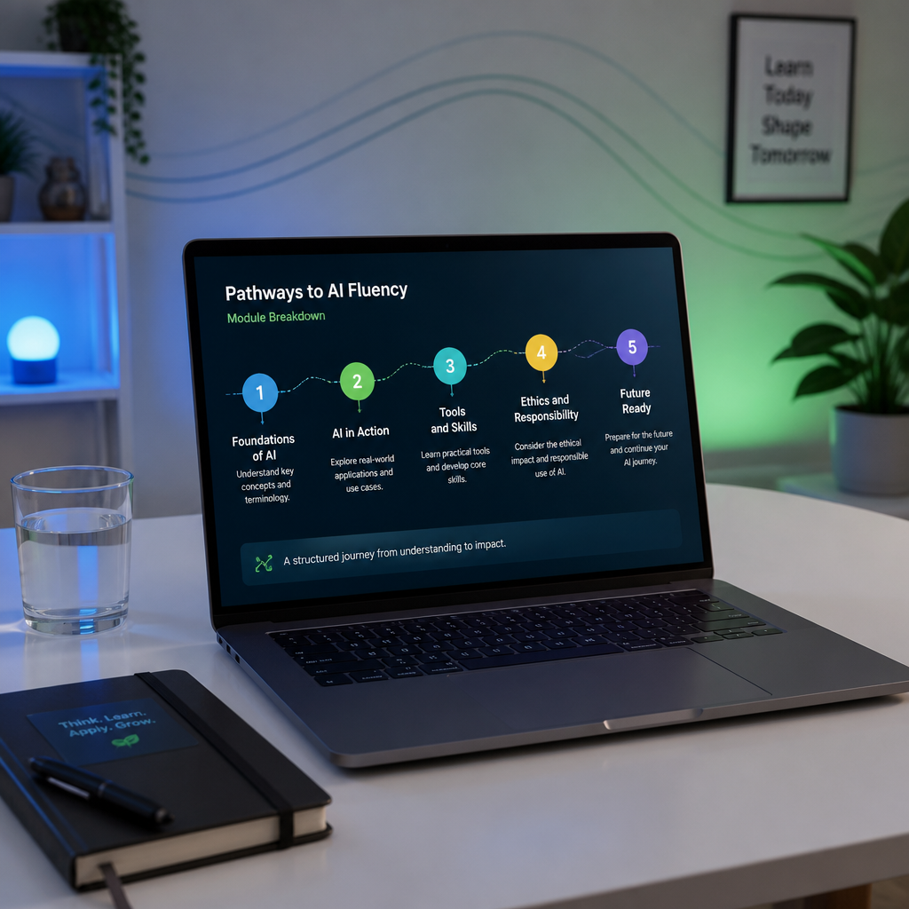 Clean module breakdown visual with numbered circles showing each lesson topic, connected by a flowing pathway in blue and green tones