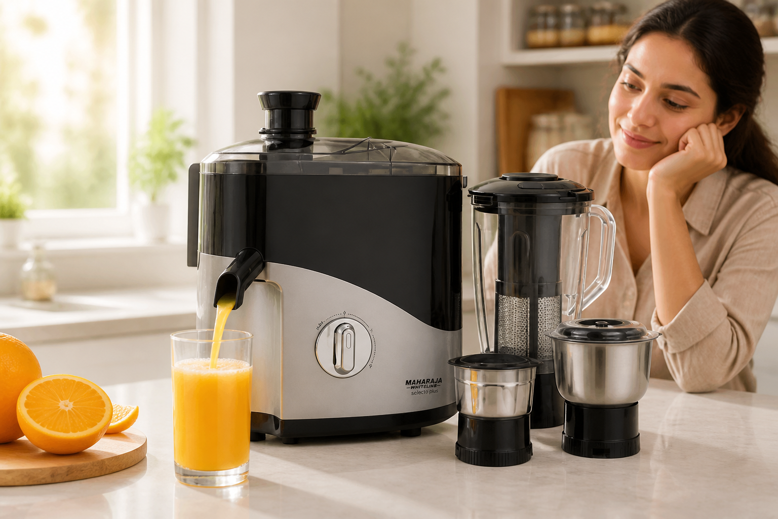 Bright airy kitchen counter shot with the Maharaja Whiteline Selecto Plus in the center pouring a stream of fresh orange juice into a tall clear glass with morning sunlight streaming in from a window and a small plant in soft background bokeh