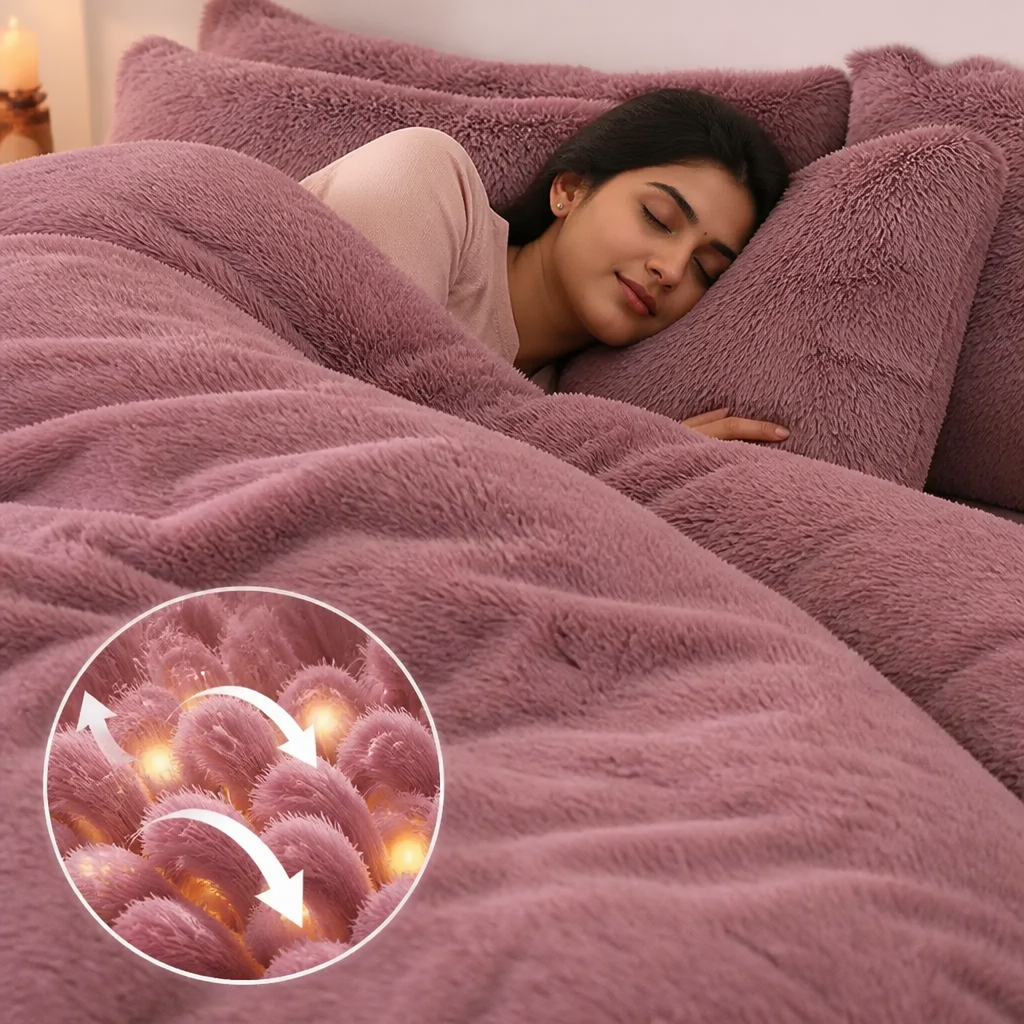 Detailed macro diagram showing warm air pockets trapped inside plush fleece fibers, illustrated with arrows showing heat retention, with a happy peaceful sleeper on top covered in warm fleece