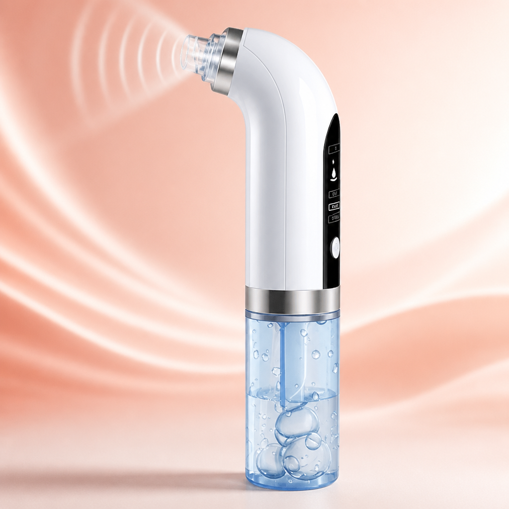 Close-up diagram showing gentle suction technology on skin with air pump illustration, professional medical aesthetic, soft coral and white tones