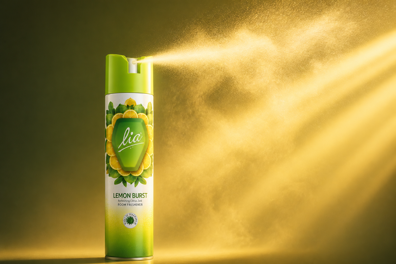 Dramatic shot of LIA branded room freshener bottle releasing a strong visible mist cloud with bold gold light rays cutting through